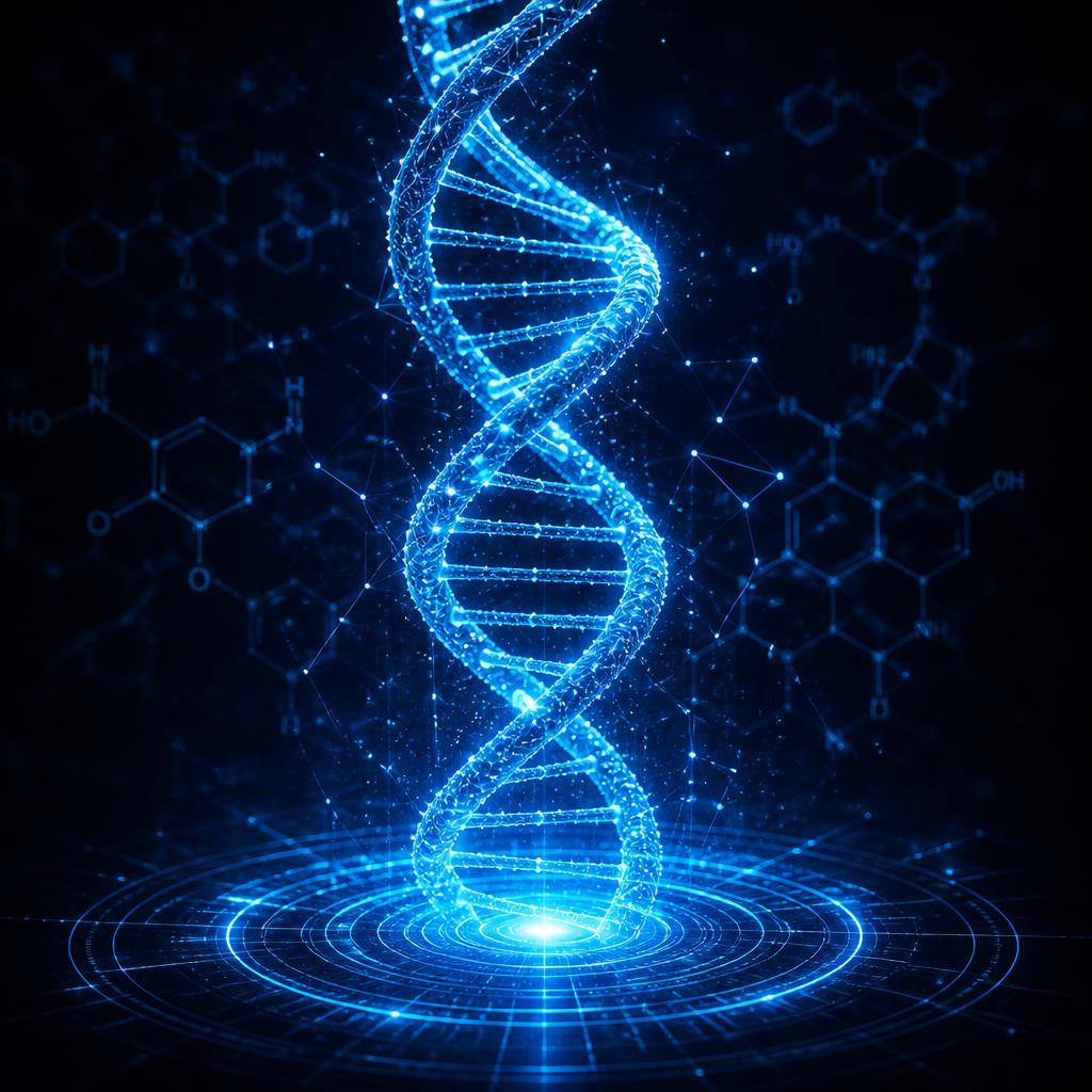 Glowing digital DNA helix representing biotechnology study